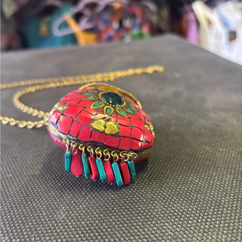 Boho Mosaic Locket Pendant Necklace – Hidden Compartment – Red & Turquoise - Picture 5 of 5